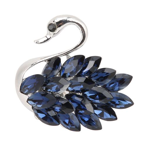 Broche Elegante Et Personnalisee Pour Femme, En Forme De Cygne, Pour Un Cadeau D'anniversaire Ou De Noel, Avec Strass Bleu Fonce Argentes.