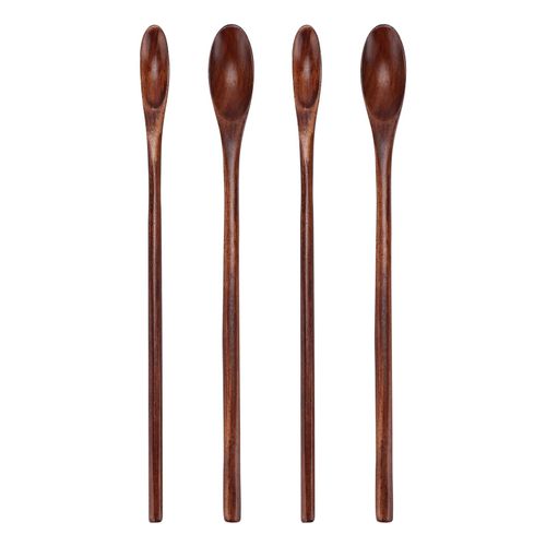 Lot De 4 Cuilleres A Cafe En Bois A Long Manche, Naturelles, Lisses, Sans Bavure, Robustes, Durables, Vintage, Resistantes A La Chaleur