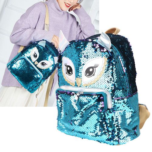 Sac a dos d'ecole a paillettes reflechissant pour enfant, joli cartable de voyage (hibou)