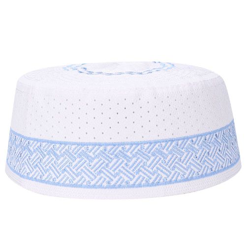 Chapeau De Priere Musulman En Polyester Et Coton Melange, Brode Pour Homme (Bleu 56 Cm)