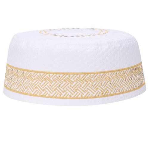 Chapeau De Priere Musulman En Polyester Et Coton Melange, Broderie Pour Homme (Jaune 56 Cm)