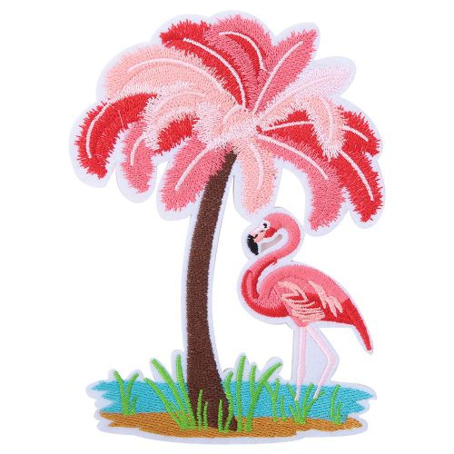 Patch Brode Flamant Rose Cocotier A Repasser, Autocollant Pour Vetements, Robes, Sacs