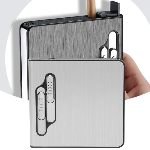 Etui a cigarettes portable 20 pieces avec chargeur USB et briquet electronique (argent)
