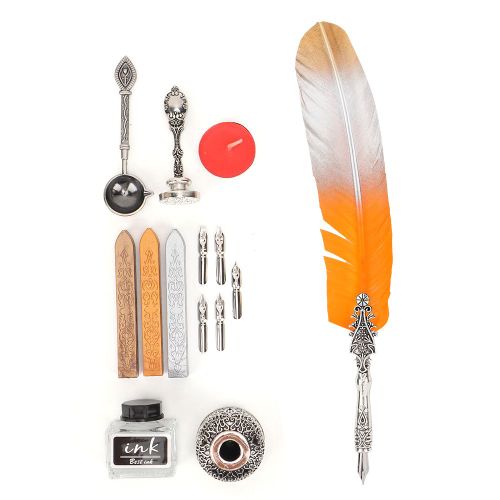 Stylo plume retro vintage en alliage, plume de calligraphie, cadeau avec boite (degrade orange)