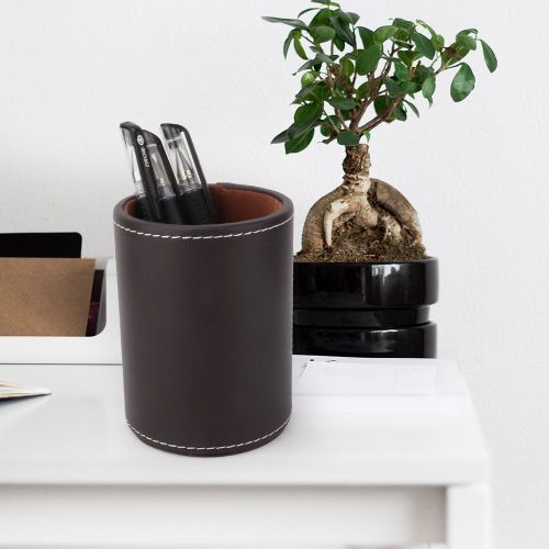 Boite A Crayons Ronde En Cuir Synthetique, Support De Rangement Pour Crayons, Fournitures De Papeterie De Bureau (Marron)