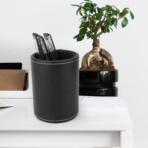 Boite A Crayons Ronde En Cuir Pu, Support De Rangement Pour Crayons, Fournitures De Papeterie De Bureau (Noir)