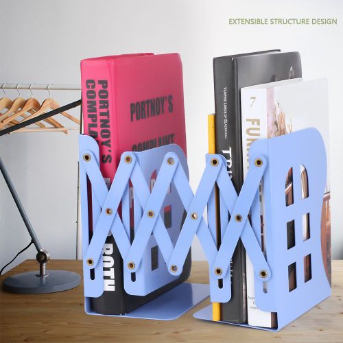 Porte-revues reglable en acier inoxydable, organiseur de livres extensible, serre-livres en metal (bleu)