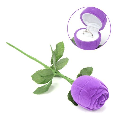Boite A Bagues En Forme De Tete De Rose Avec Longue Poignee, Fleur A Longue Tige Pour Mariage, Saint-Valentin, Violet