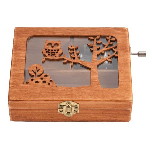 Boite a musique en bois gravee avec animaux de la foret, manivelle, cadeau d'anniversaire, jouet (hibou)