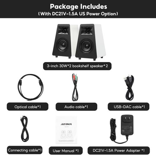 AIYIMA S30 haut-parleurs d'étagère actifs Bluetooth 5.3 en bois 100W moniteur de Studio haut-parleurs Hifi Home cinéma caisson de basses Orange/blanc-Blanc With US Plug