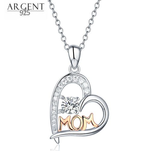 Collier Pendentif Femme 925 Argent Plaqué Or 14k Mom Zircon Coeur Chaîne Clavicule Pour Cadeau Noël Fête Des Mères