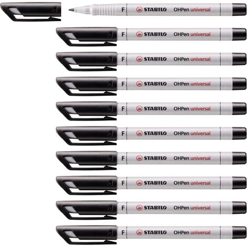 Stabilo Lot De 10 Feutres Pour Transaprent Ohpen Encre Soluble Pointe Fine Noir