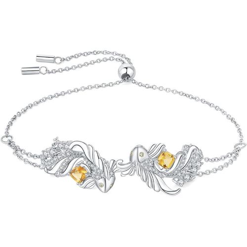 Carpe Koi Poisson Bracelet Taille Coussin Naturelle Jaune Citrine Argent 925 Femme, Animaux Reglable Bracelet Chaine Fin Pierre Fille, Ensemble Parure De Bijoux Cadeau Anniversaire