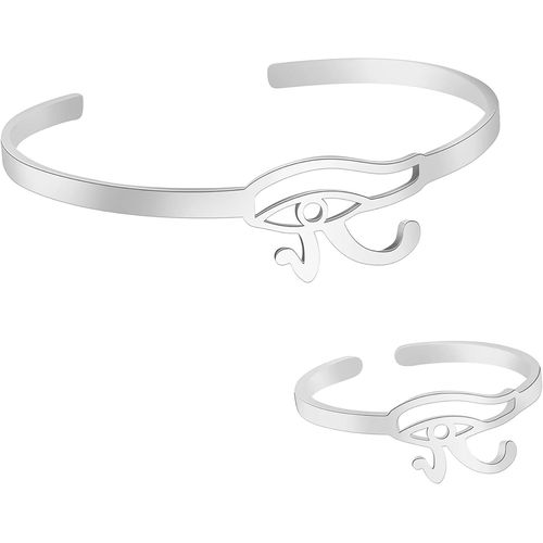 Bracelet De L'oeil D'horus Égyptien Anneaux Ancienne Egypte Oeil Anneau Lucky Amulet Protection Bijoux En Acier Inoxydable Cadeaux Pour Femmes Noël Nouvel An (Bracelet+Bague-Argent)
