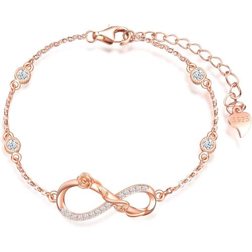 Bracelet De Femme Fille, Bracelet En Argent 925, Bracelet De Symbole Infini Et De Fleur De Rose, Zircon Incrusté, Chaîne Ajustable, Bracelet Au Design Unique, Argent, Or Rose, Or