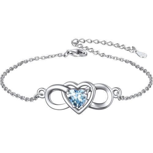 Bracelets Femme Argent 925 Coeur Infini, Chaîne Maille Gourmette 6mm Avec Pierre De Naissance, Bracelet Chaîne Régable 16+5cm Cadeau Pour Maman Fille Meilleur Amie