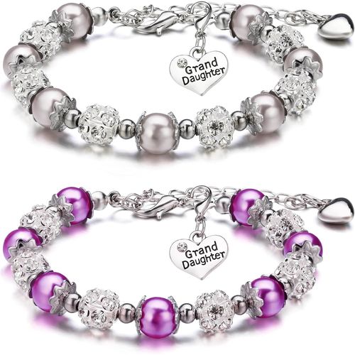 2 Pieces Granddaughter Bracelets Charm Heart Pendant Rhinestone Crystal Balls Faux Pearls Jewelry Gift
