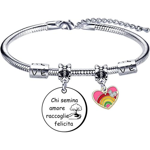 Bracelet Pour Femme Avec Pendentif En Acier, « Chi Semina Love Collecte Le Bonheur » Taille Réglable Gravure Argent Bracelet, L, Acier Inoxydable