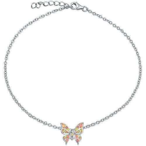 Summer Garden Nature Color Opalescent Butterfly Created Blue Pink Opal Charm Anklet Bracelet Pour Femmes Ados .925 Argent Sterling Adjustable 9-10