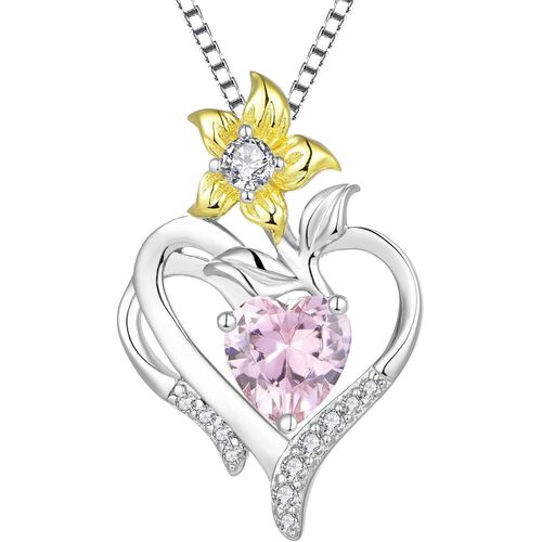 Collier Coeur Argent 925 Couper 12 Pierres De Naissance Oxyde De Zirconium Pendentif Fleur De Lys Pour Femme, Chaîne 45+3cm