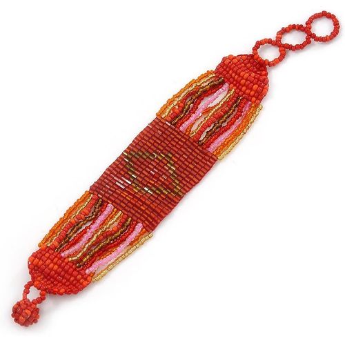 Fait À La Main Rouge/Orange/Or Perle En Verre Bracelet Avec Boucle Et Fermeture Bouton ¿ 16 Cm/L 3 Cm Ext
