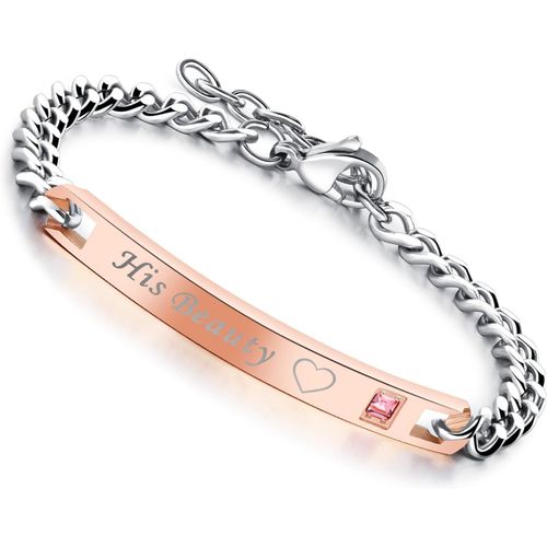 Bracelet Her Beast & His Beauty Acier Inoxydable Chaîne De Main Couple Amoureux Gourmette Couleur Noir Argent Rose Or Pour Femme Et Homme