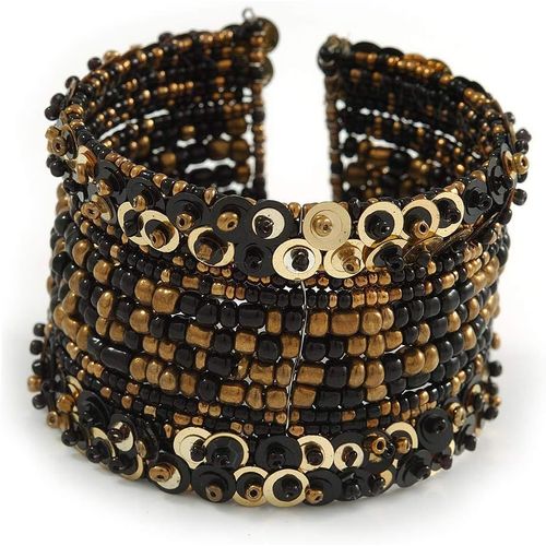 Bracelet Manchette Bohème Avec Perles Et Paillettes (Noir/Bronze/Doré) ¿ Réglable, Taille Unique, Verre Verre Sequins