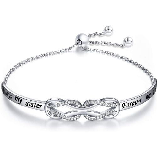Bracelet À N?ud En Argent Sterling 925 Avec Gravure « Always My Sister, Forever My Friend » - Bracelet Réglable Pour S?ur - Bijoux D'amitié Pour Femme, 15,2¿25,4 Cm, Argent Sterling