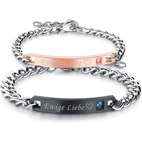 Paire De Bracelets En Acier Inoxydable - Gourmette Avec Gravure - Or Rose - Argent - Bracelet Pour Couple - Cadeau Pour Amoureux, Femme, Homme, Couple, Saint-Valentin, 16 Cm, Acier Inoxydable