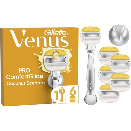 Gillette Rasoir Pour Femme Pro Comfortglide Parfum Noix De Coco, Manche En Métal Réutilisable Et Lot De 6 Rechanges A 5 Lames Et Touche Dhuile Dargan, Ra Doux, Soin Pour La Peau Sèche 