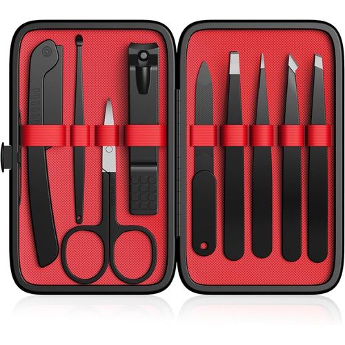Lot De 9 Pinces À Épiler Et Coupe-Ongles Pour Homme Et Femme, En Acier Inoxydable Avec C Aux Incurvés Et Rasoir À Sourcils Pour Outils De Beauté Quotidiens, Avec Étui En Cuir (Noir/Rouge)