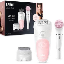 Checarzhn--No1-Silk-Épil Beauty Set 5 Épilateur Électrique Femme Blanc/Rose, Pour Débutantes, 6-En-1 Sans Fil, Wet & Dry, Rasoir, Nettoyage Et Exfoliation, Vi Et Corps, 5-895