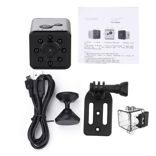 Mini camera d'action portable 1080P HD infrarouge WiFi avec support, kit de camescope de sport, argent