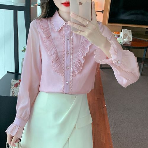 Chemise En Mousseline De Soie Blanc Cassé À Volants Pour Femme, Chemise De Niche Et Élégante
