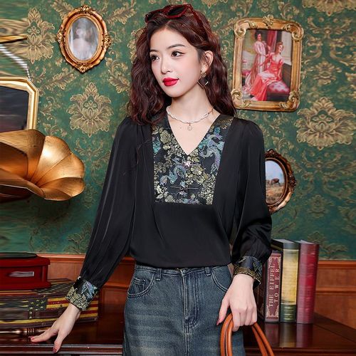 Chemise À Manches Longues Et Col En V Avec Broderie Lourde De Style Ethnique Chinois Pour Femme