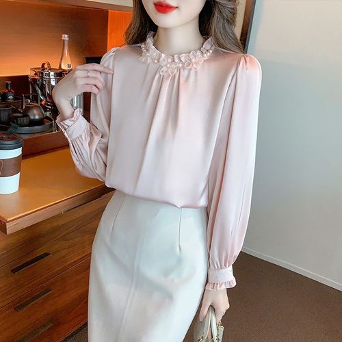 Chemise En Mousseline De Soie À Manches Longues Et Col Montant Pour Femme, Style Français, Avec Perles, Unique Et Belle, Petite Chemise