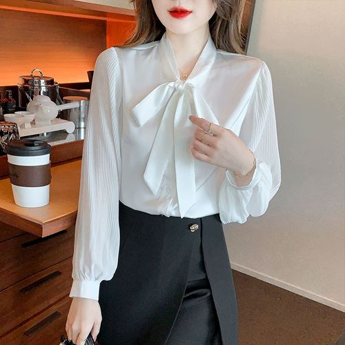 Chemise En Mousseline De Soie À Manches Longues Pour Femme, Haut Blanc À Col Montant Et Manches Longues