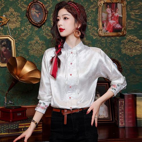 Chemise En Satin Brodée À Manches Longues Pour Femme, Haut De Tempérament À Col Montant Et À Double Boutonnage, Printemps
