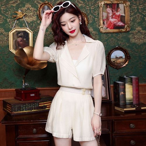 Ensemble Deux Pièces Pour Femme, Haut De Gamme, Manches Bouffantes, Chemise En Mousseline De Soie, Short Taille Haute, Protection Solaire