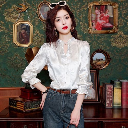 Chemise Rétro En Satin À Boutons Et Pompons Pour Femme, Col Montant, Jacquard