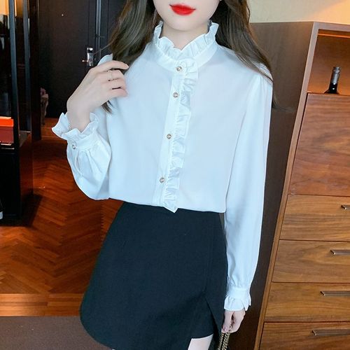 Chemise En Mousseline À Volants Et Col Montant Pour Femme, Haut Chic Et Tendance, Tendance Printemps