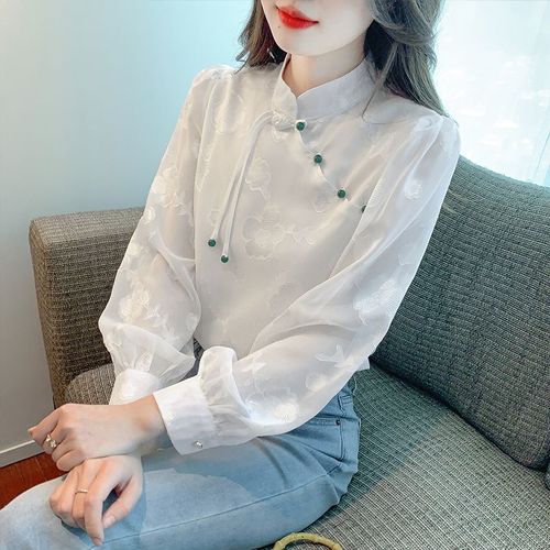 Chemise Rétro Blanche Moyenne À Manches Longues Pour Femme, Haut Boutonné De Style Cheongsam Modifié