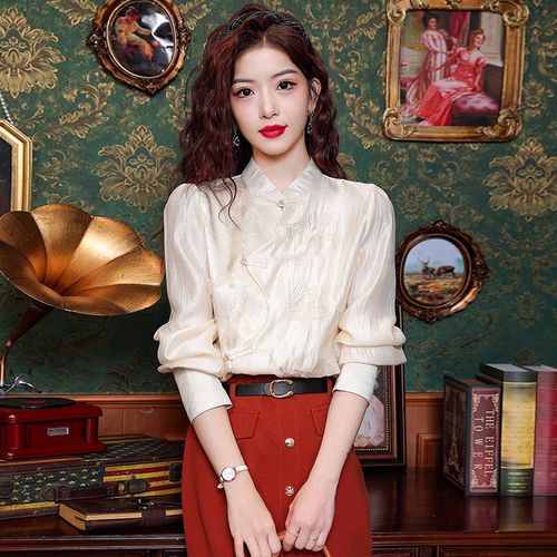 Chemise En Mousseline De Soie À Col Montant Boutonné Pour Femme, Chemise Élégante À Manches Longues Et Anti-Âge, Automne