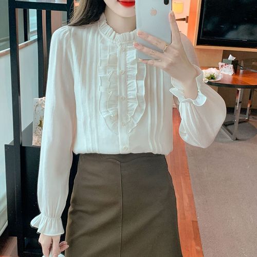 Chemise En Mousseline De Soie À Manches Longues Et Col Montant À Volants, Niche Chic Pour Printemps, Petite Chemise Pour Femme