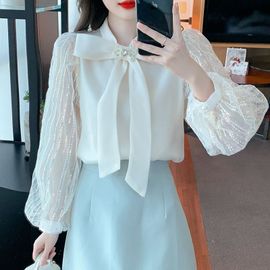 Chemise À Manches Longues Pour Femme, Style Français, Avec N?ud Papillon Et Paillettes, Manches Bouffantes, En Mousseline De Soie