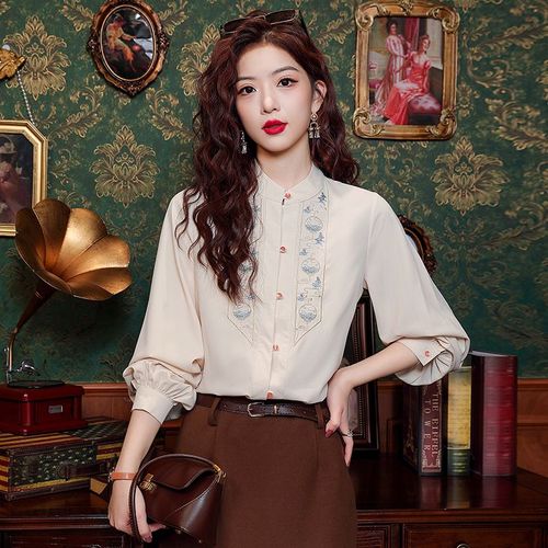 Chemise Brodée Rétro Pour Femme, Col Montant, Manches Longues