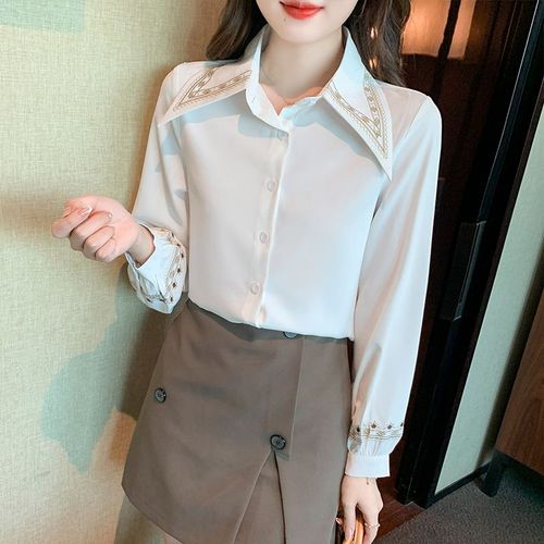 Chemise En Mousseline À Manches Longues Pour Femme Au Printemps Avec Broderie, Chemise Élégante, Haut Amincissant De Niche Haut De Gamme