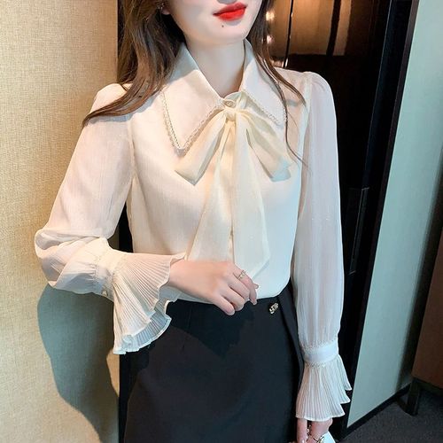 Chemisier En Mousseline De Soie À N?ud Pour Femme, Haut Féerique À Manches Trompette, Style Printemps Français