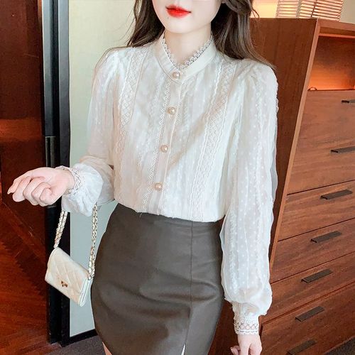 Chemise En Mousseline De Soie À Col Montant Et Dentelle Française Pour Femme, Simple Et Slim, Idéale Pour Les Déplacements