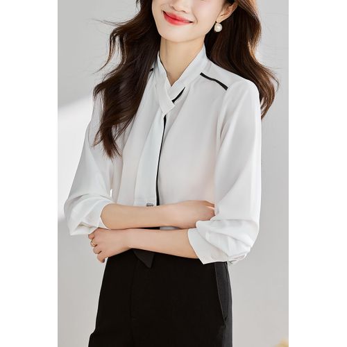 Chemise En Mousseline De Soie À Ruban De Couleur Contrastée, Hauts Pour Femmes, Tempérament Élégant, Manches Longues, Chemise Professionnelle Pour Femmes